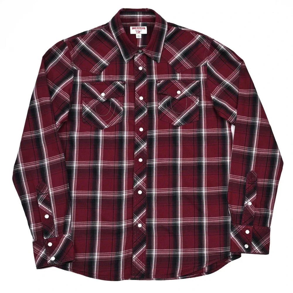 True Religion Shirt Mens Small Plaid L/S Pearl Snap Rancher Work Embroidered‎